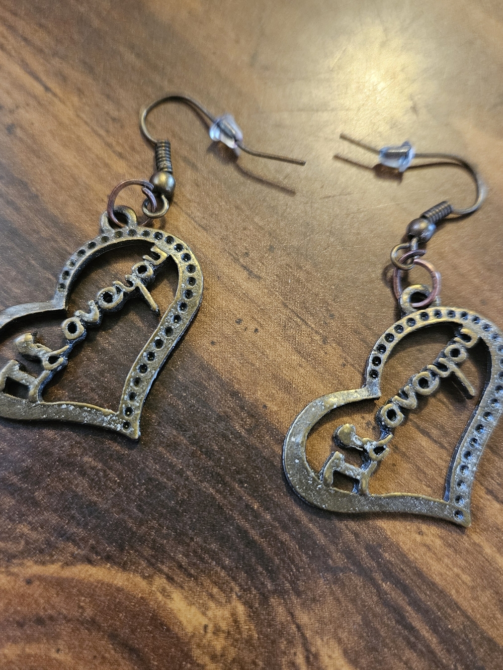 Love Heart Dangle Earrings in Antique Bronze